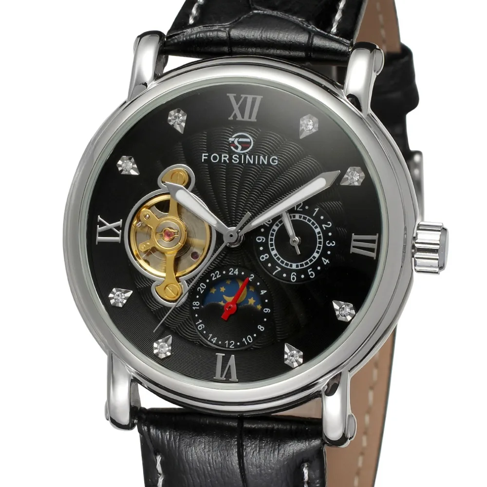Forsining модные турбийон дизайн Swirl циферблат светящиеся Роскошные Moon Phase Мужские часы лучший бренд класса люкс автоматические часы для мужчин