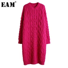[EAM] женское разноцветное вязаное платье большого размера, новинка, круглый вырез, длинный рукав, свободный крой, мода, весна-осень 19A-a721