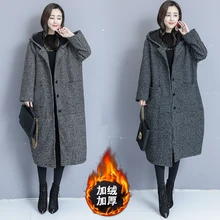 Модная Женская осенне-зимняя шерстяная куртка Корейская свободная длинная Вельветовая утолщенная шерстяная куртка с капюшоном V897