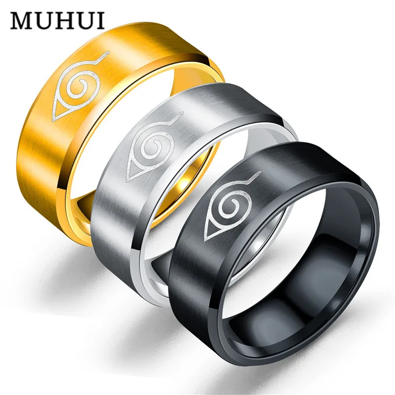 Venta al por mayor Anillo de hoja de Konoha pueblo Symbal logotipo Sasuke Ninja de acero de titanio joyas de Anime Cosplay mujeres Anillo