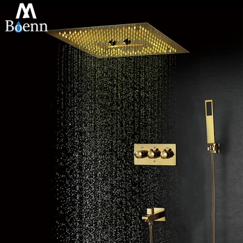 

M Boenn Gold Shower Systems 16 Inch Rain Shower Head Panel Bathroom Faucets LED Shower Set Bath Mixer Hot and Cold Valve Brass