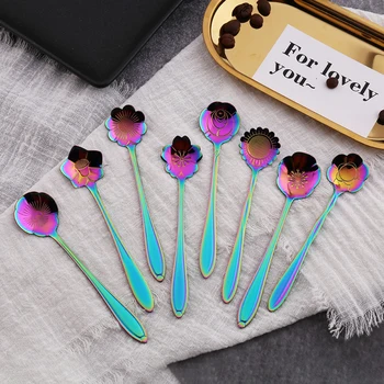 

8pcs Flowers Design Gold Spoon Long Handle Dessert Tea Coffee Mixing Spoon Stainless Steel Vintage Teaspoons Drink Tableware