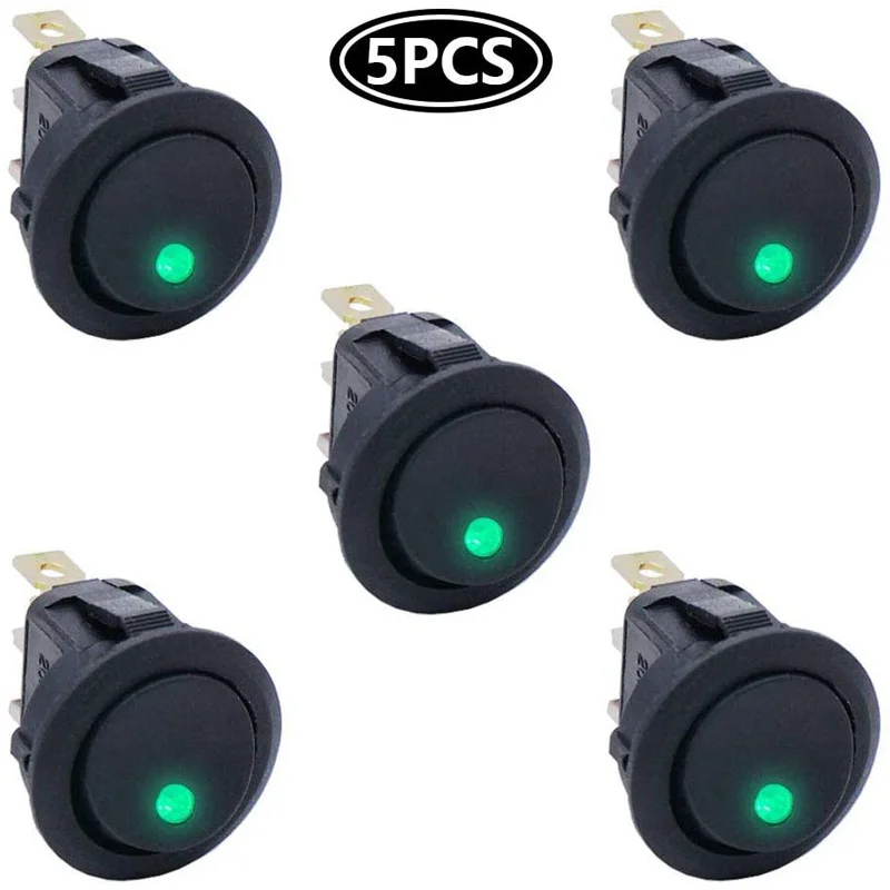 5Pcs 3 Pin 12V 20A Amps Car Truck Rocker Round Toggle LED Switch On-Off Control Green | Электронные компоненты и