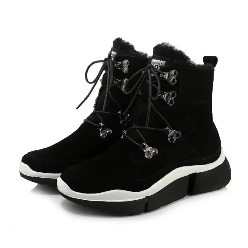 SIMLOVEYO Women's Ankle Boots Genuine Leather Fur Wool Snow Winter warm Boots Platform Bukle Elastic band Round Toe size 35-39 - Цвет: Black