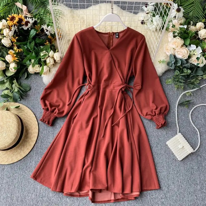 

2019 new fashion women's French dress sweet puff sleeves with waist slimming retro