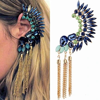 

Punk Exaggeration Rhinestone Cuff Earring For Women Boho Acrylic Gem Chain Tassels Big Clip Earrings Fashion Jewelry