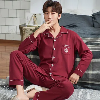 

Solid Color Cotton Men Pajamas Leisure Suit May Be Outer Wear Clothing Comfortable and Breathable Autumn & Winter Fold-down Coll