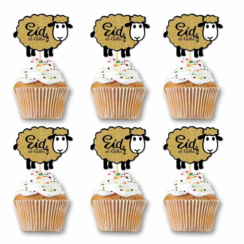 

24pcs Gold Cupcake Topper for Traditional Muslin Sheep DIY Happy Eid Al Adha Banner Party Supplie