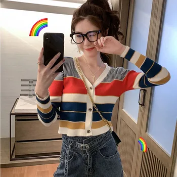 

Women Autumn Winter Sweaters Fashion Casual Striped V-Neck Cardigans Single Breasted Full Sleeve Loose Sweater