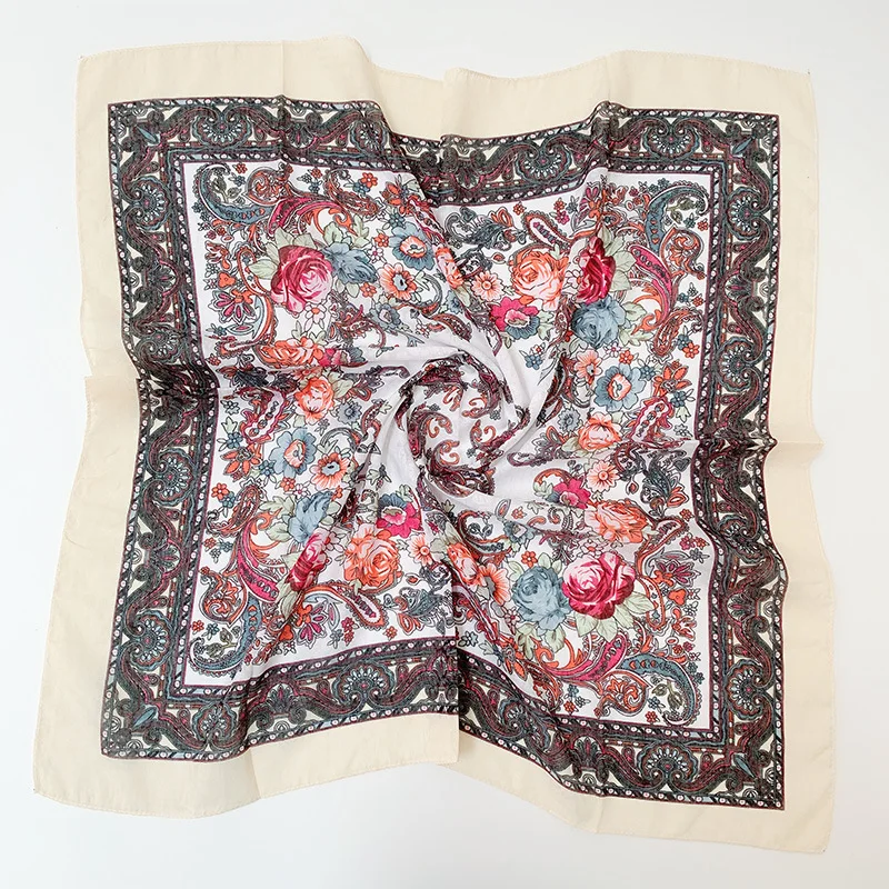 Маленький шарф, платок, русский этнический узор, Женский акриловый шарф 70x70 см, хиджаб, повязка на голову, роскошный модный стильный шарф - Цвет: TJ02 Beige