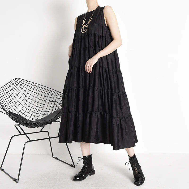 [EAM] Women Black Pleated Split Joint Long Dress