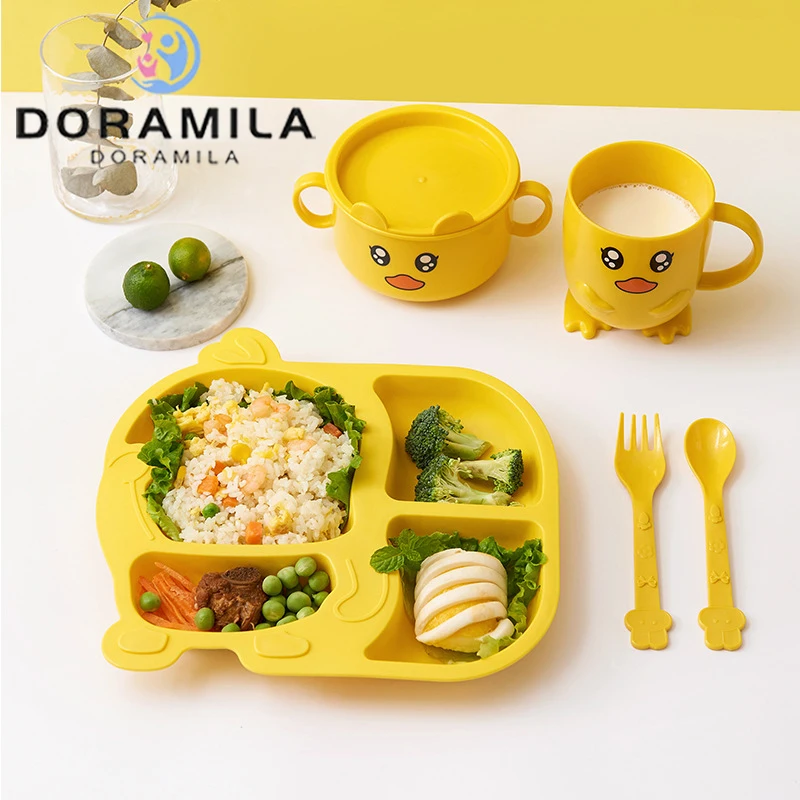 

cartoon tableware kids dishes little yellow duck dinner plate resistance autumn baby plate spoon baby food tableware set