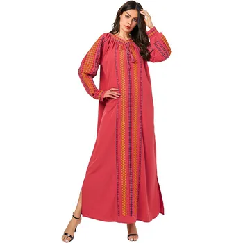 

Large Size Women's Long Dress Red Geometric Embroidered Hem Split Arab Maxi Dresses Casual Maxi Robes TA9144
