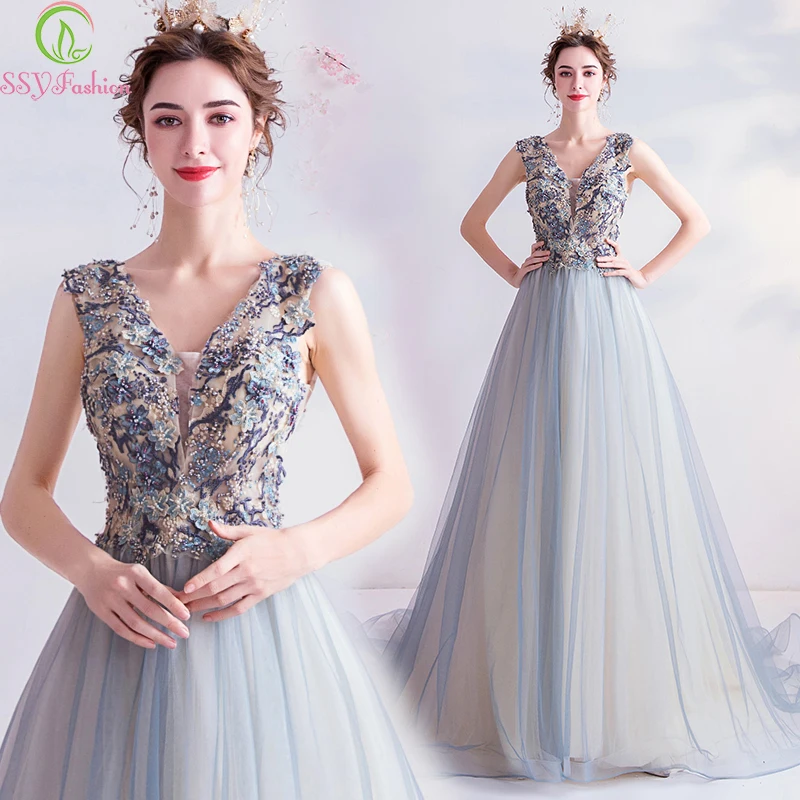

SSYFashion New Banquet Elegant Grey Blue Evening Dress V-neck Lace Appliques Beading Sweep Train Formal Gown Vestido De Noche