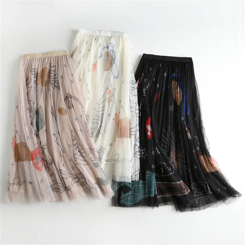 

Women Mesh Tulle Skirts Elastic High Waist Graffiti Print Long Skirts Female A-line Pleated Skirts Saias Maxi Skirts