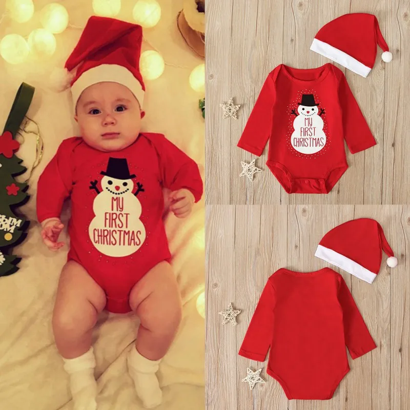 New Baby Christmas Clothes Boy Girl Rompers Cartoon Print Jumpsuit Hats Newborn Baby Girl Boy Christmas Dinner Clothes Wear