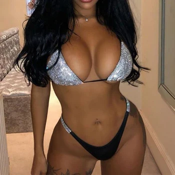 

Rhinestone Bikini Set Halter High Waist Women's Swim Wear Beach Party Bathing Suit