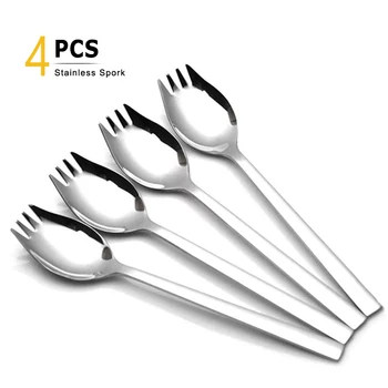

4Pcs Stainless Steel Spoon Set Long Handled Dinner Soup Spoon Salad Fork Metal Sporks Portable Outdoor Tableware 2 In 1 Design