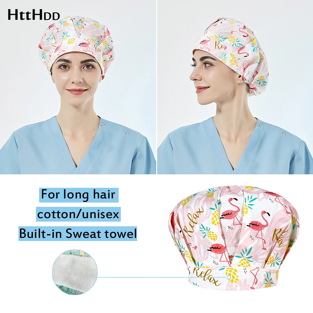 

Breathable cotton Built-in Sweat towel Flamingo print spa work scrubs hats spa Puffy hat scrubs caps womens scrub Tail cap