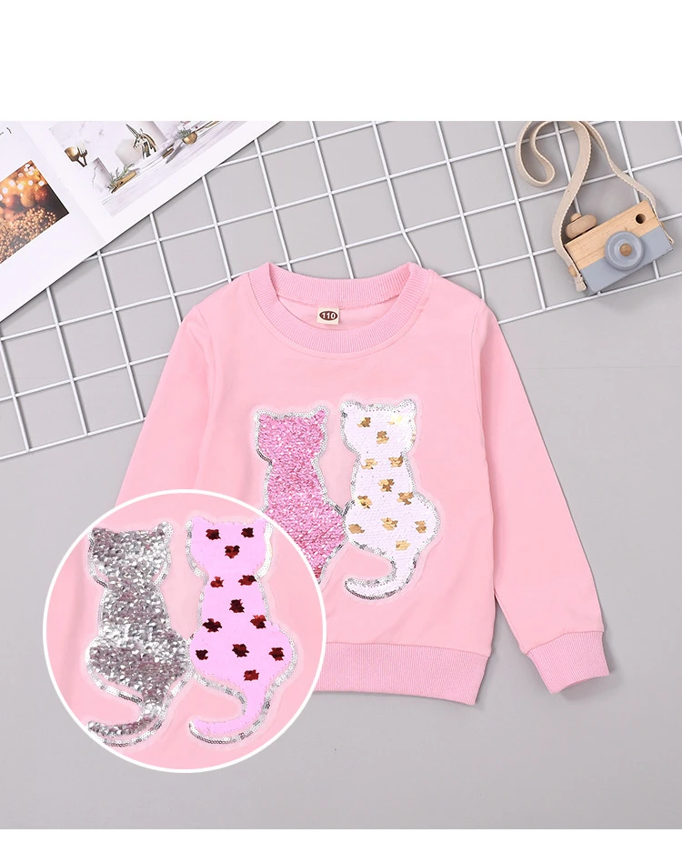 Cartoon Sequins Cat Sweatshirt Kids Girls Spring Children Cotton Long Sleeve Tshirts Fashion Cute Tops Toddler Clothes New