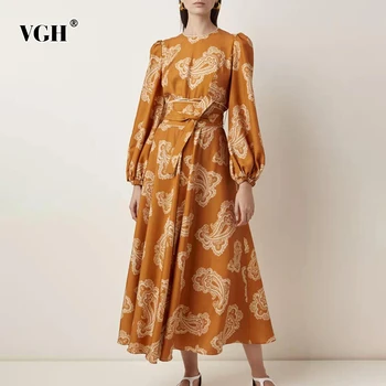 

VGH Vintage Print Dress For Women O Neck Lantern Long Sleeve High Waist Lace Up Hit Color Dresses Female Fashion Clothing Tide