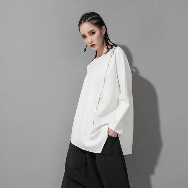 Fashion Tide New Spring Women Clothing Casual Zipper Loose Irregular O-neck Long Sleeve T-shirt Female Vestido Black White ZA557