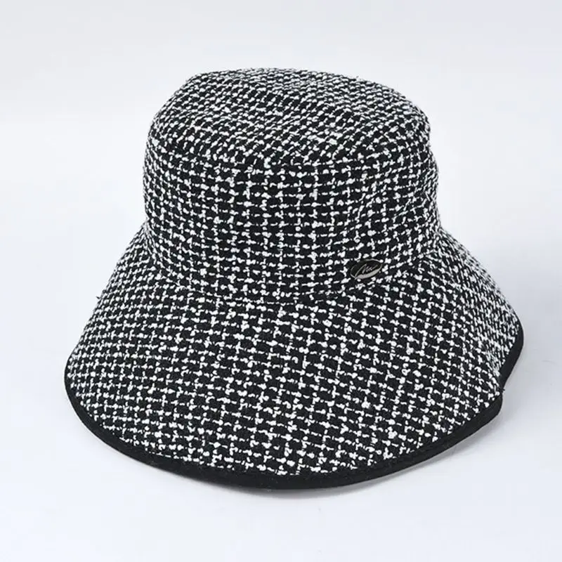 Женская Зимняя вязанная Панама, черная белая клетчатая шляпа с широкими полями, Рыбацкая шапка