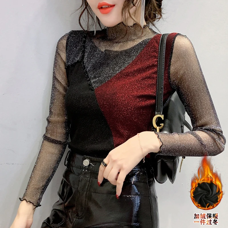Wine red with fleece Лоскутные футболки, сексуальная блестящая женская футболка с бисером, новинка, Осень-зима, с флисовым топом, одежда с длинным рукавом, джемпер T90017 - Цвет: Wine red with fleece