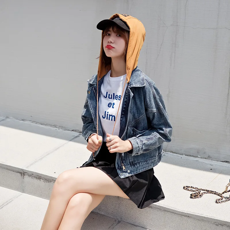 

2019 Autumn INS Hooded Removable Shoulder Korean-style Loose-Fit Short Jeans Coat Women's Casual Zipper Denim Jacket