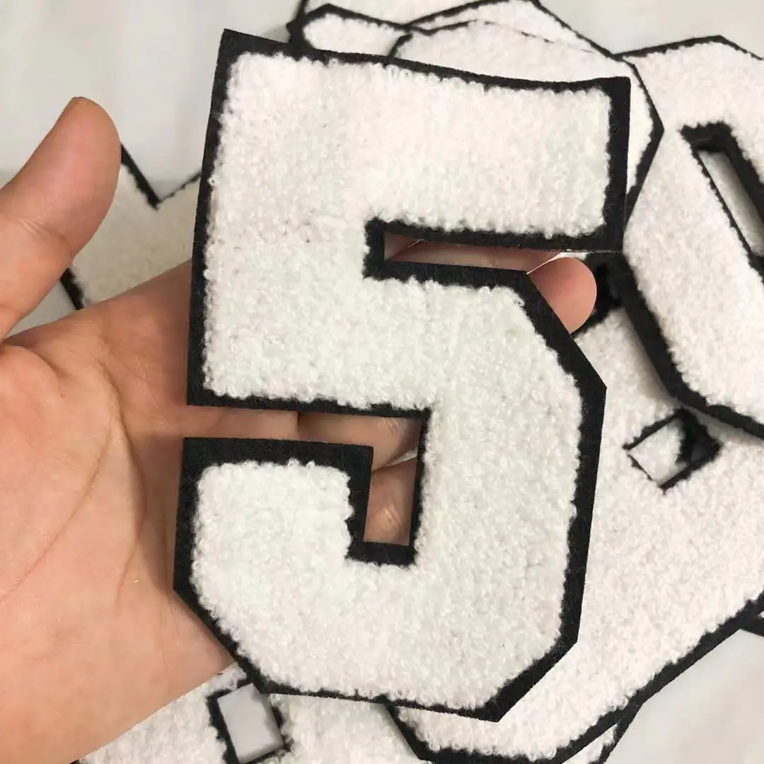 대형 흰색 디지털 셔닐 실 수 놓은 철 패치 Applique Diy 번호 배지 패치 아이 의류 가방 액세서리