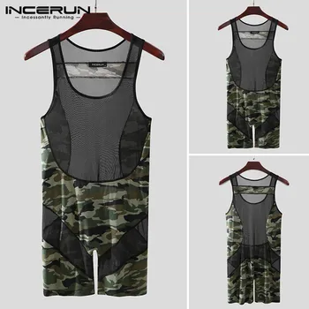 

Man Printed Jumpsuits Shorts Homewear INCERUN Fashion Patchwork Sleep Onesies Men Sleeveless O Neck Mesh Sleepwear Rompers S-5XL