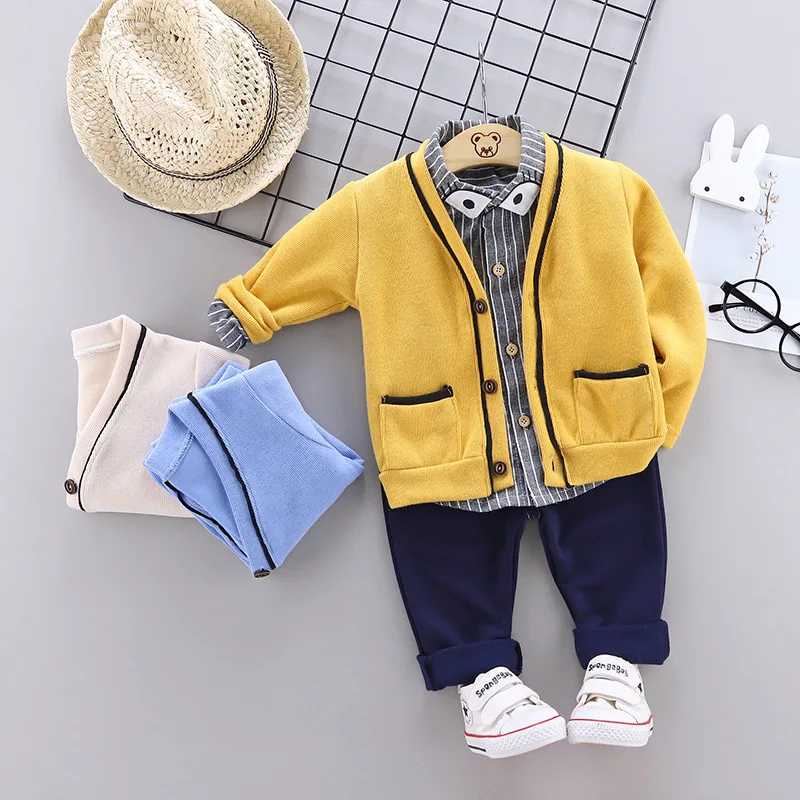 Комплект одежды из 3 предметов для мальчиков, детский шерстяной комплект с кардиганом и свитером, рубашка и штаны небесно-голубой/темно-синий желтый белый для детей 1-4 лет