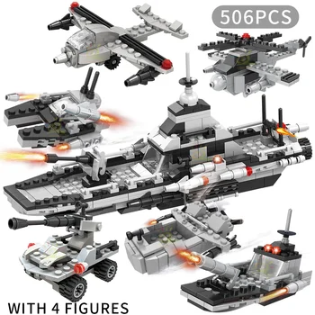 

506pcs 6in1 Warship Army Building Blocks Radar Car Tank Helicopter Fighter Armored Machine Creative Bricks Boy Toys Gift