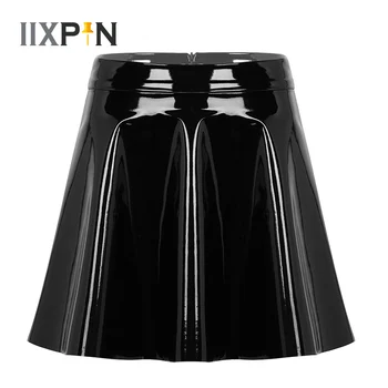 

Women pole dance costume rave outfit Wet Look PU Leather High Skater Skirt Waist Flared Pleated A-Line Circle Mini Skater Skirt