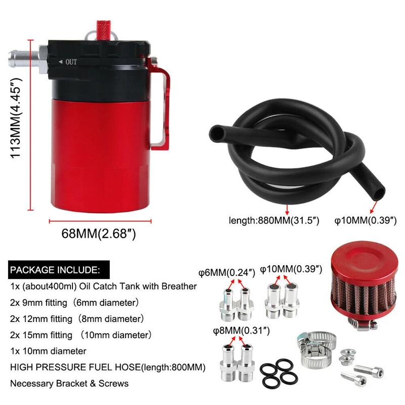 Oil Catch Can Tank with Breather Polish Baffled Reservoir Aluminum Black Red
