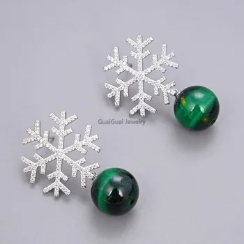 

GG Jewelry Natural Green Round Tiger eye Cz pave Snowflake Earrings