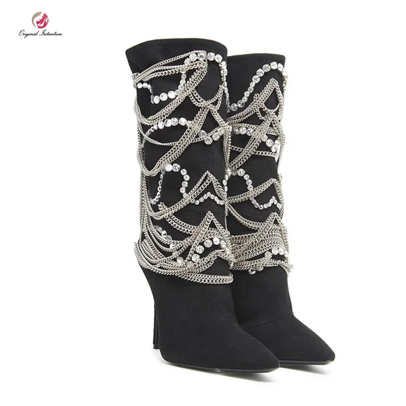 

Original Intention Fashion Black Mid-Calf High Silver Metal Chain Pointed Toe Thin Heels Sequins Chain Sexy Lady Party Shoes