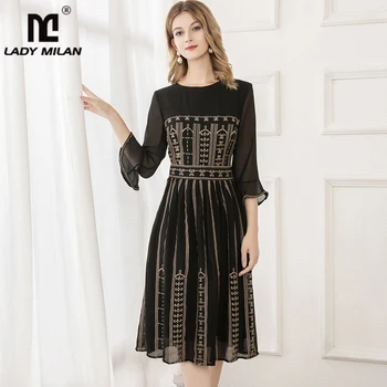

Women's Runway Dresses O Neck 3/4 Sleeves Ruffles Embroidery Elegant A Fashion Casual Dresses