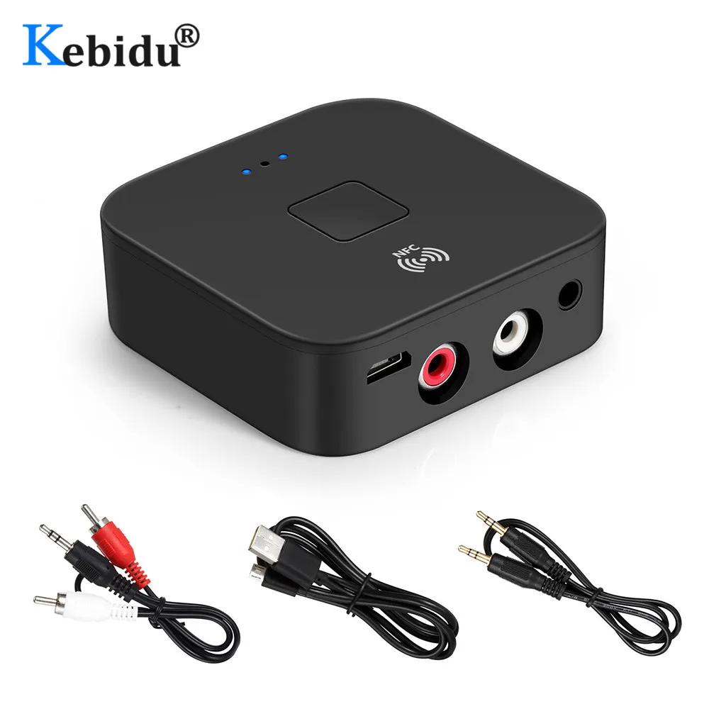 KEBIDU 3,5 мм AUX NFC Bluetooth 5,0 приемник Поддержка NFC RCA HiFi беспроводной адаптер поток музыки на 2 колонки симутантно