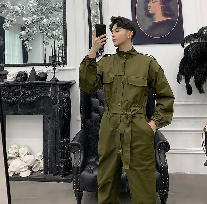 Мужские осенние черные винтажные панк рок хип хоп комбинезоны корейский стиль с капюшоном куртка комбинезон костюм для клуба Мужской Брюки карго джоггеры