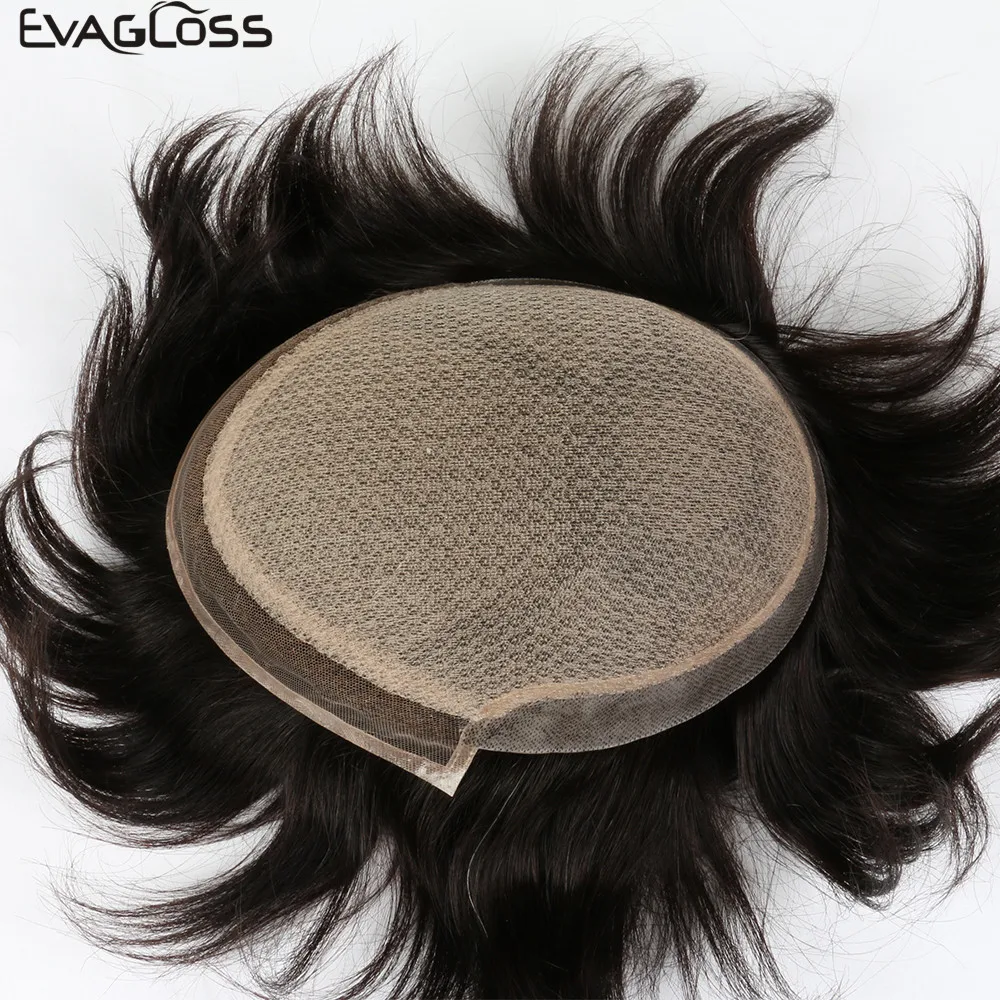 

EVAGLOSS Mens Hair Wigs Swiss Lace In front Silk Base With Poly Back Mens Toupee Bleached Knots Human Hair system For Mens