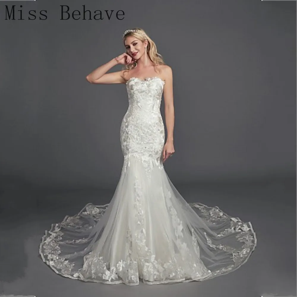 

DD JYOY Mermaid Wedding Dress Lace Elegant Strapless Wedding Gown Bridal Dress Lace Up Back Long Train