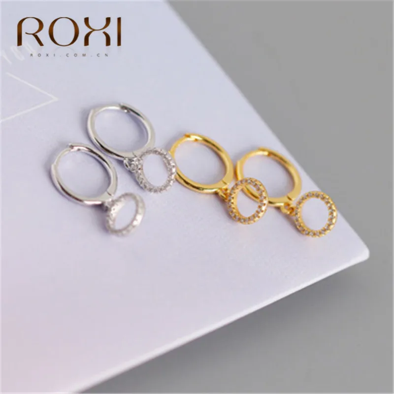 ROXI, модные маленькие 925 пробы, серебряные Подвесные серьги-гвоздики, серьги для женщин, Кристальные круглые подвески, очаровательные маленькие серьги-гвоздики, ювелирное изделие