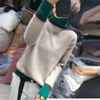 

Fashion Autumn Winter Women Sweater Knitted Pullover High Neck Warm Wool Jumpers Tops Female Color Contrast Turtleneck Sweaters