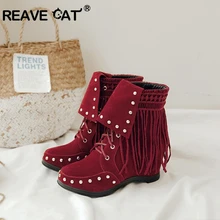 REAVE GATO Tornozelo botas altas dedo do pé Redondo Cunhas Flock Slip-on Rebites Fringe decoração Tamanho 34-43 Preto vermelho Bege Inverno Bota Casuais(China)