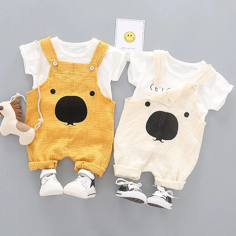

2020 New Summer 0-4 Years Old Fashion Children's Cotton And Linen Overalls Cute Suit Boy Girl Child Short Sleeve 2-PCS Suit
