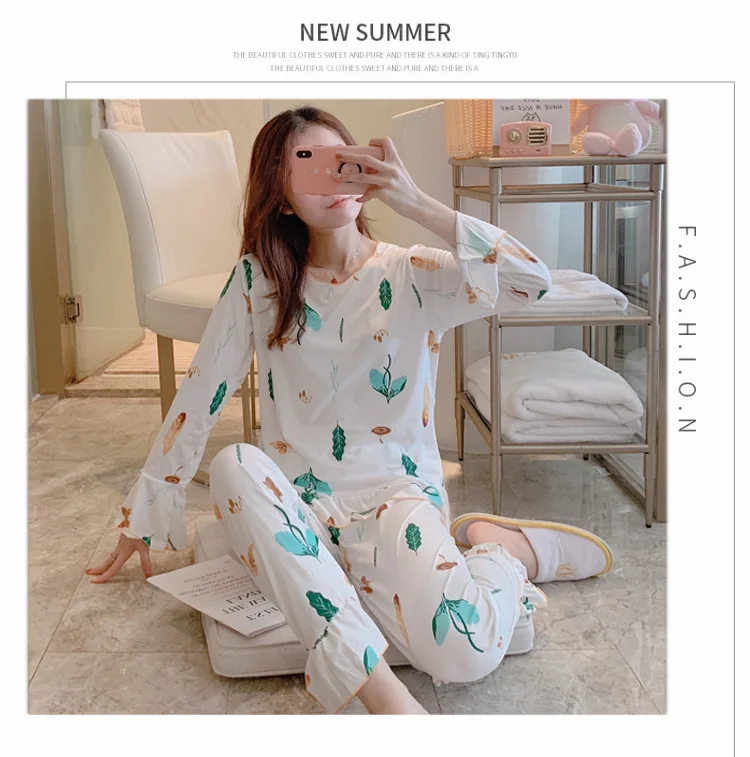 Wontive Autumn Women Long Sleepwear Suit Home Women Gift Female Sleepwear Cartoon female big plus size womens pajamas Sets