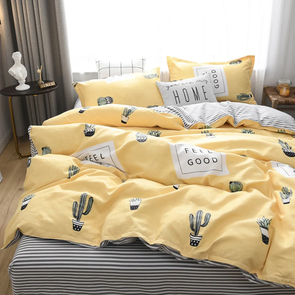 

Yellow / Green cactus printed bed linens set sheet pillowcase & duvet cover sets AU Single Double Queen sizes quilt cover