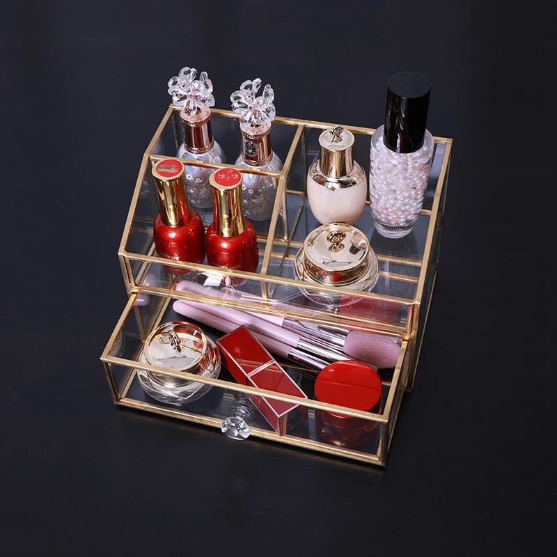 Nordic Metal Glass Cosmetic Storage Box Drawer Organizer Desktop Dust Proof Cotton Swab Tissue Box Dressing Table Shelf Decor