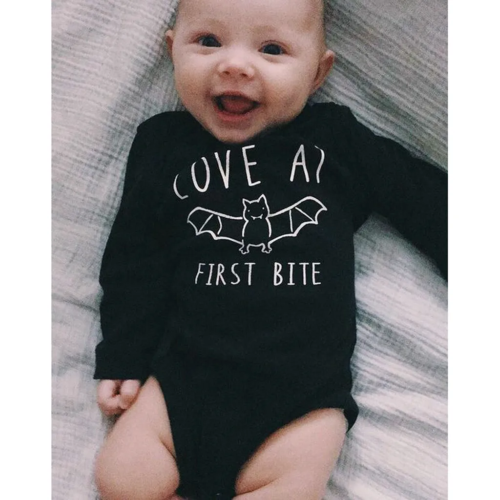 

Black letter printed baby jumpsuit romper Infant long-sleeved Halloween bat robes (first bite) black Newborn Infant Baby Outfits